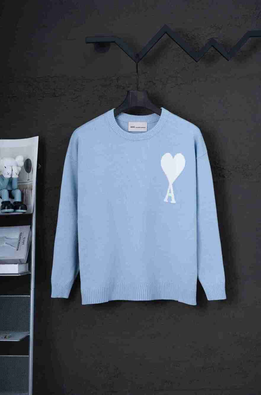 AMI Paris Light Blue Oversized Unisex White Heart‑A Logo Sweater